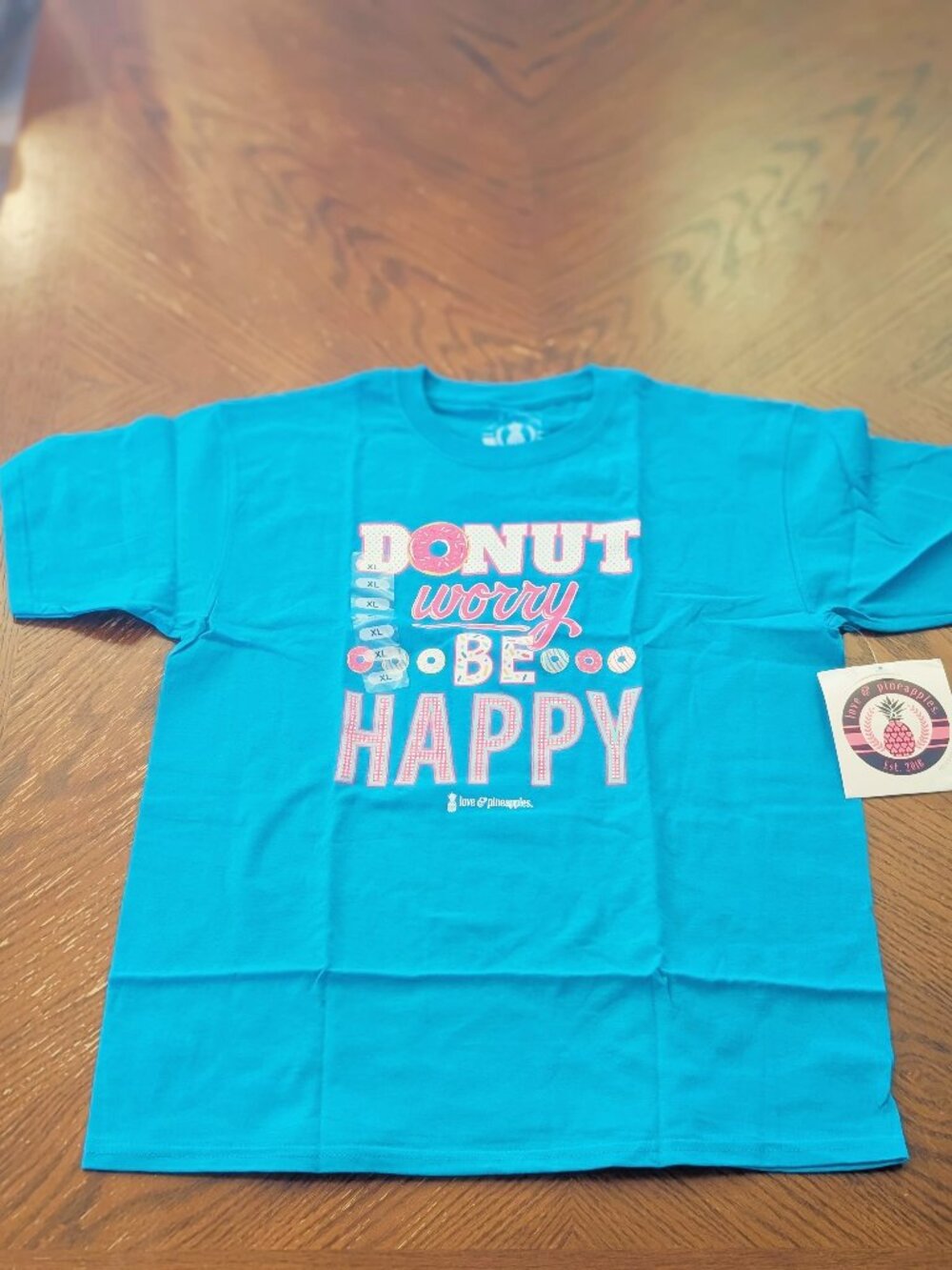 Kids Girls "Donut Worry Be Happy" T-Shirt Size Youth XL Blue Graphic Tee